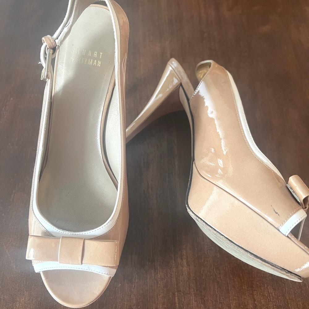 Gorgeous Stuart Weitzman Nude Beige Platform Patent Sling Back SIZE 7.5